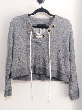 BCBG Max Azria Cropped Heather Grey Sweatshirt Size XS Lace Up Casual Beach